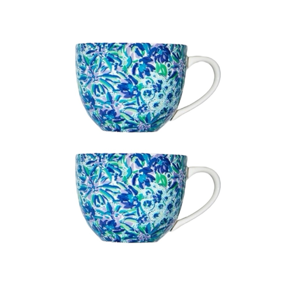 NIB Lilly Pulitzer Set of 2 Ceramic Mugs Blue Floral 12 Oz Coffee Tea Cup